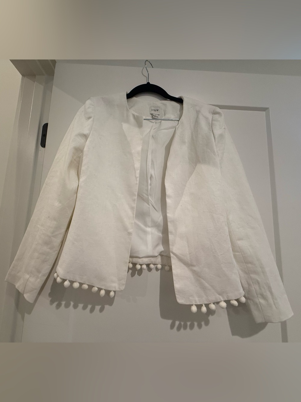 J. Crew Factory Off White Open-Front Blazer with Pom-Pom Trim